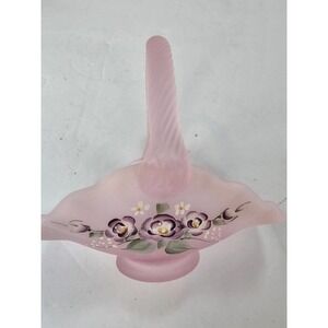 2001 Fenton Hand Painted Pink Chiffon Opalescent Satin Mini Basket S. Miller